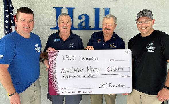 In December, the Indian River Colony Club Foundation approved a $5,000 grant for Operation Warm Heart at Patrick Space Force Base, a fund for service men and women dealing with financial emergencies and other unforeseen situations. photo courtesy indian river colony club foundation (Left to Right) MSgt John Sheffield, Mike Feener and Brian Whalen (IRCC Foundation Board Members), and MSgt Kenny Marcheterre.
