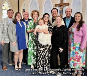 Lukas baptism. L-R: Mackenzie, Sophia, Tom, Marie, Luka, Lauren, TJ, Courtney, Matthew, Brittany